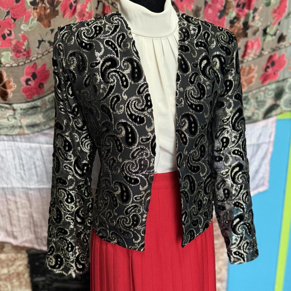 Vintage Braemar Sheer Sleeve Black Velvet Glitter Paisley Blazer size M/L